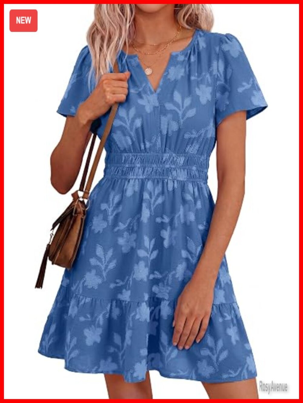 Short Sleeve V Neck Empire Waist Flowy A Line Mini Dress with Pockets